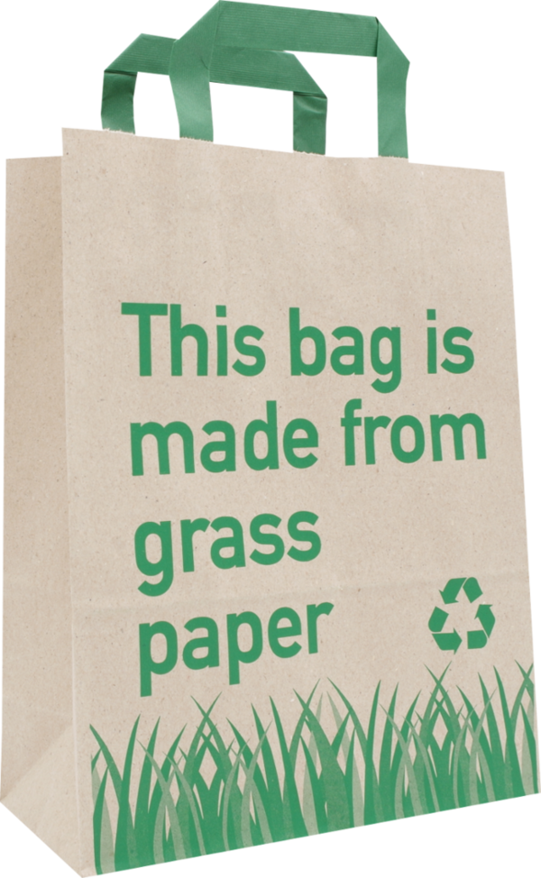 Graspapiertasche - grüne Henkel + Aufdruck - 22+10x28cm